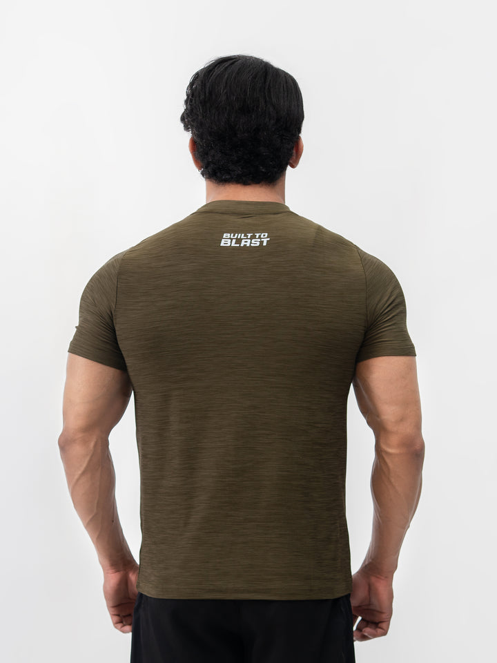 Close-up of moisture-wicking Lycra fabric on Herculean olive workout shirt