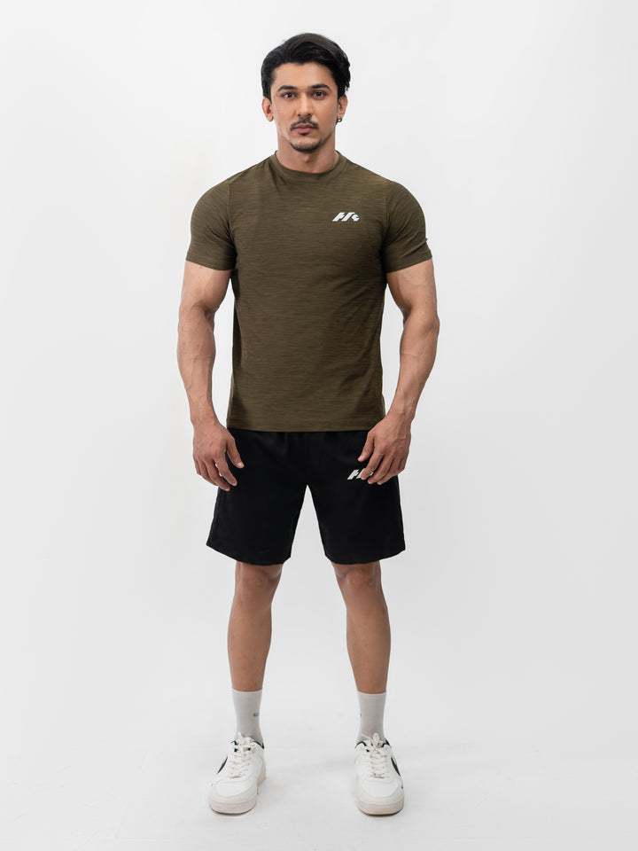 Close-up of moisture-wicking Lycra fabric on Herculean olive workout shirt