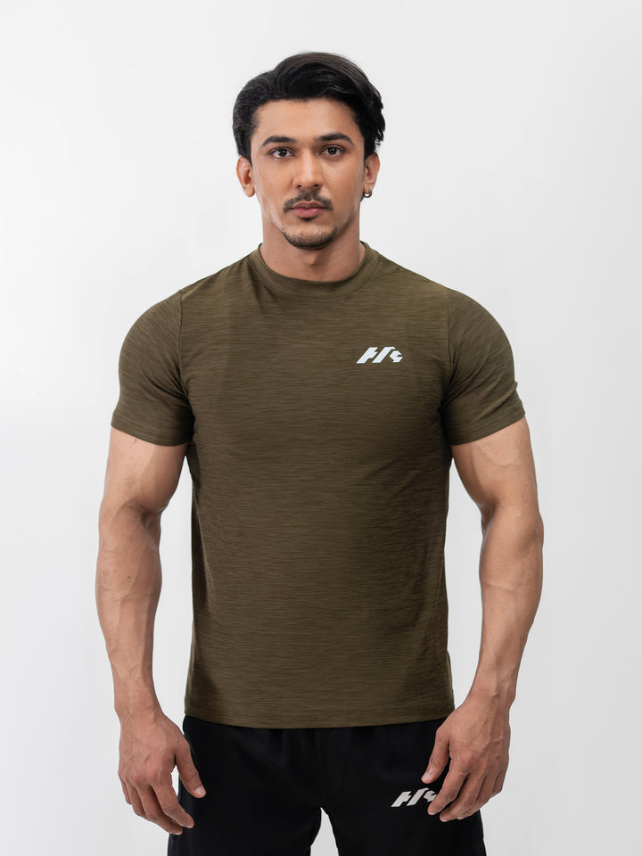 Close-up of moisture-wicking Lycra fabric on Herculean olive workout shirt