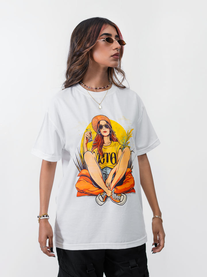 Model wearing Herculean Knight Mystique Woman white oversized drop-shoulder graphic T-shirt, front view.